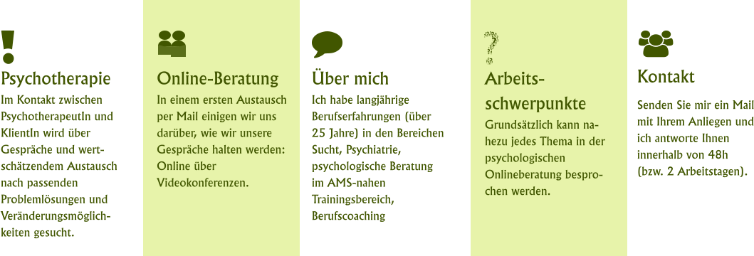 Kontakt Senden Sie mir ein Mail mit Ihrem Anliegen und ich antworte Ihnen innerhalb von 48h (bzw. 2 Arbeitstagen). Online-BeratungIn einem ersten Austausch per Mail einigen wir uns darüber, wie wir unsere Gespräche halten werden: Online über Videokonferenzen. Arbeits-schwerpunkteGrundsätzlich kann nahezu jedes Thema in der psychologischen Onlineberatung besprochen werden. Über mich Ich habe langjährige Berufserfahrungen (über 25 Jahre) in den Bereichen Sucht, Psychiatrie, psychologische Beratung im AMS-nahen Trainingsbereich, Berufscoaching Psychotherapie Im Kontakt zwischen PsychotherapeutIn und KlientIn wird über Gespräche und wert-schätzendem Austausch nach passenden Problemlösungen und Veränderungsmöglich-keiten gesucht.